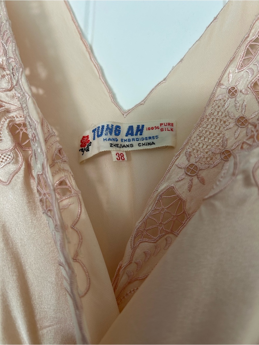 Silk Embroidered Bias Cut Maxi Dress Nightgown Soft Peach - Picture 9 of 11